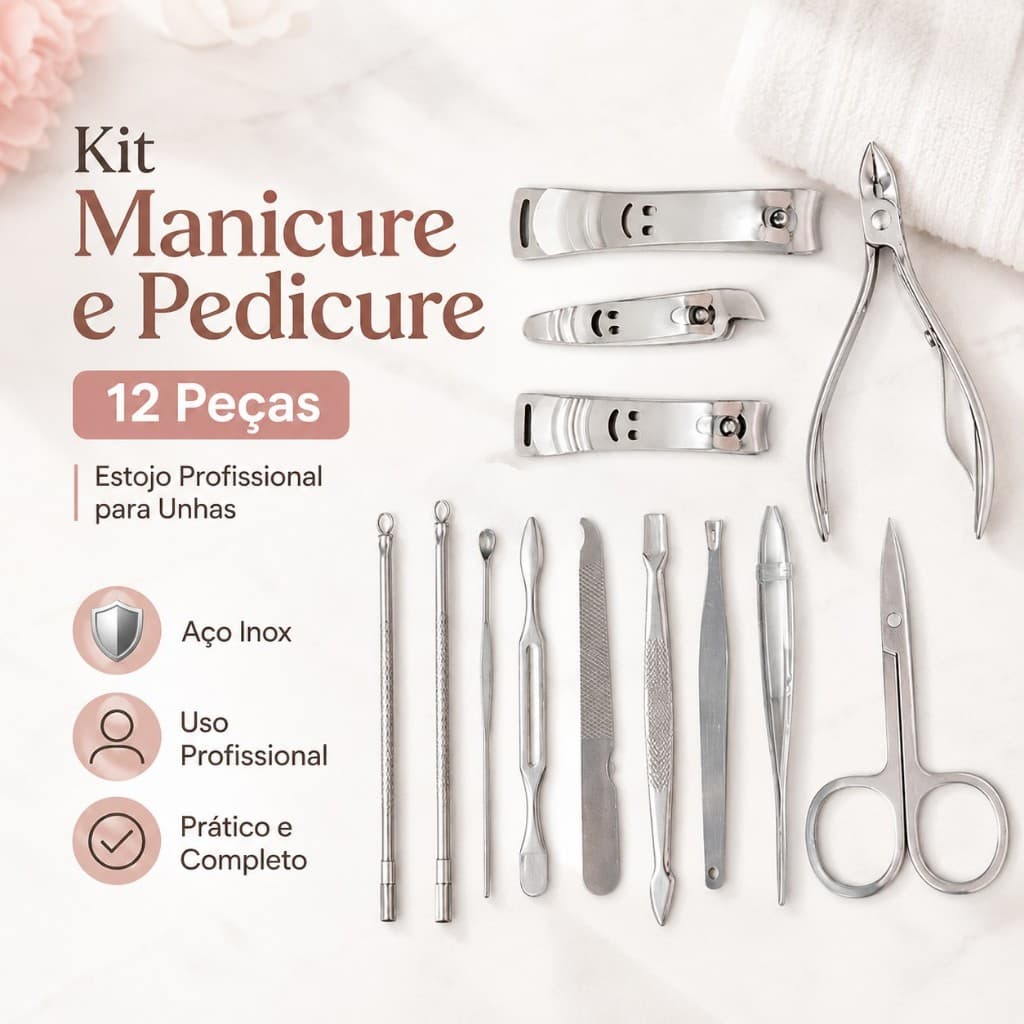 Kit Manicure e Pedicure 12 Peças com Estojo Profissional para Unhas