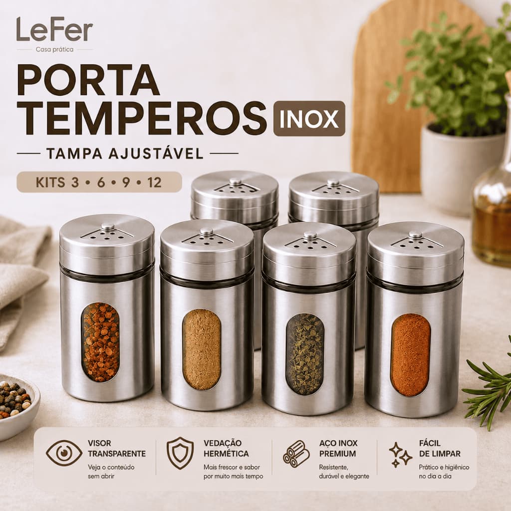 Porta Temperos Inox Com Visor Tampa Regulável Kit 3 6 9 12 Potes Condimento