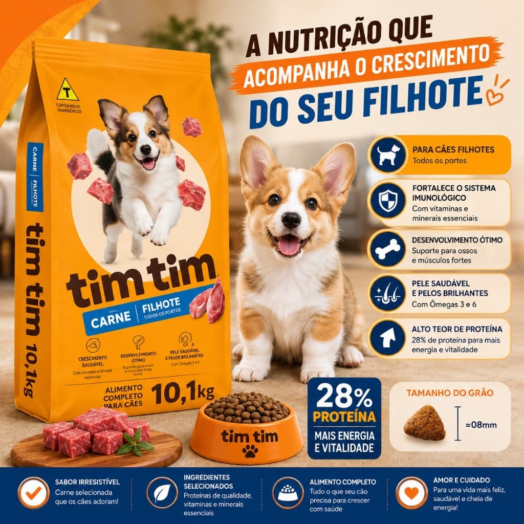 Ração Para Cachorro Filhote 10,1kg Tim Tim Dog Premium Sabor Carne 28% Proteína Todas as Raças