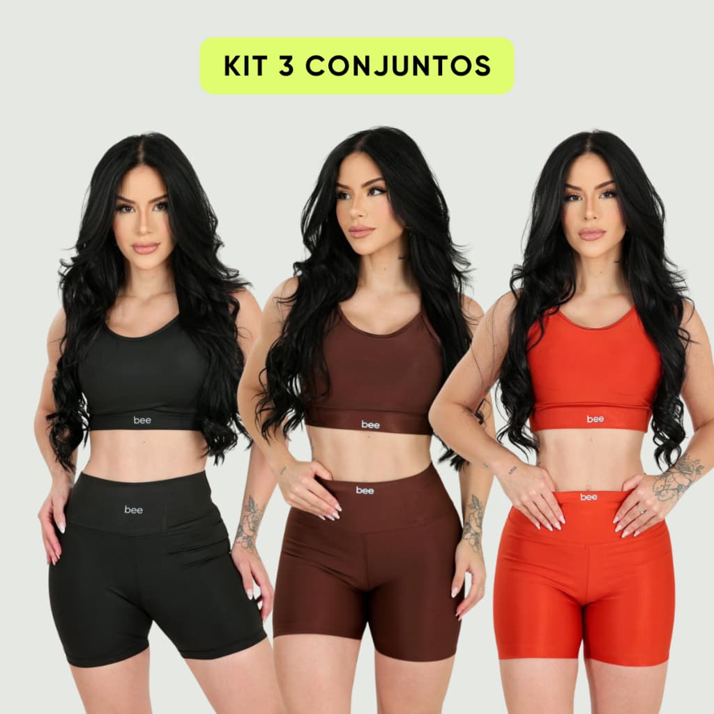 Kit 3 Conjuntos Roupa Fitness Feminina Legging Top Academia Zero Transparência Cintura Alta Modelador Treino