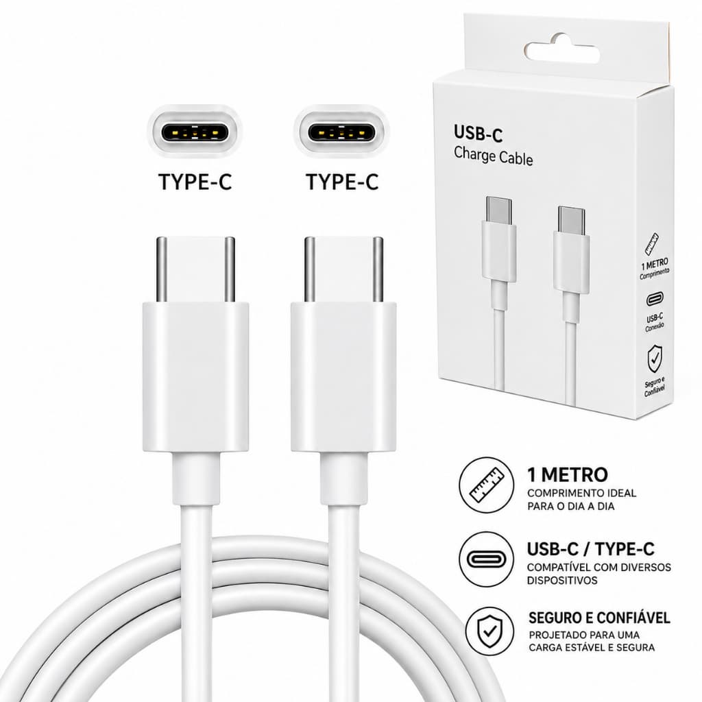 Cabo Carregador USB Tipo C x Tipo C PD Turbo Dados e Carga Rápida
