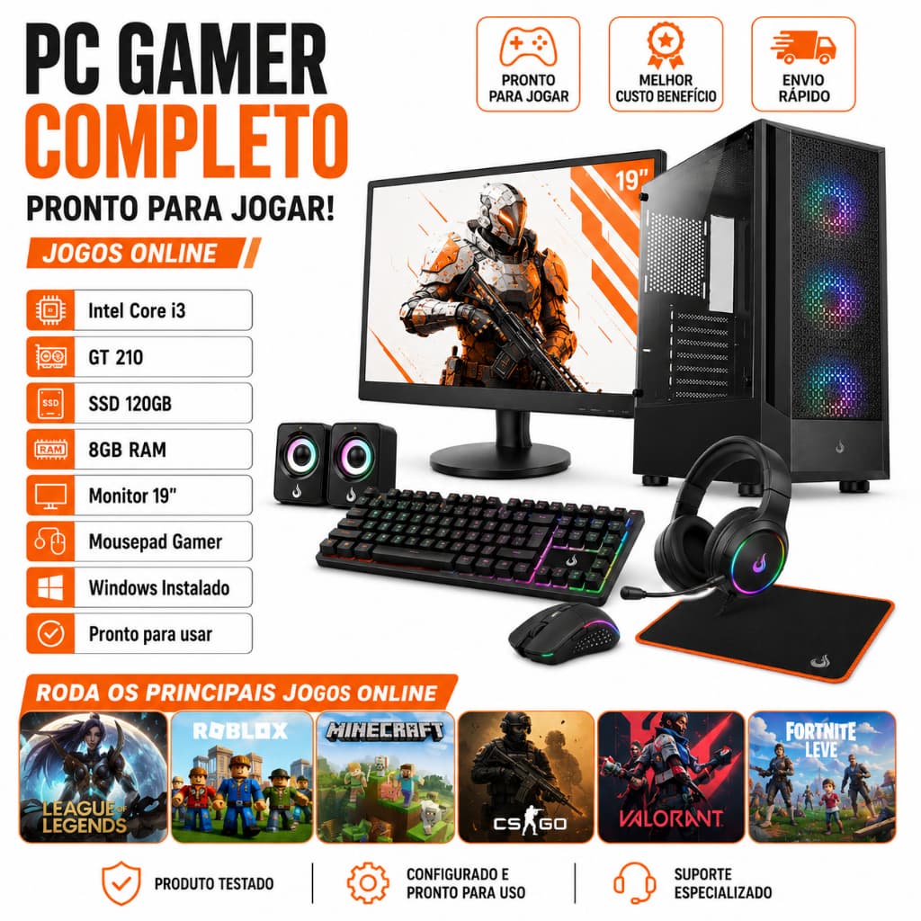 PC Gamer Completo i3 GT 210 SSD 120GB Mousepad Gamer Monitor 19 Jogos Online