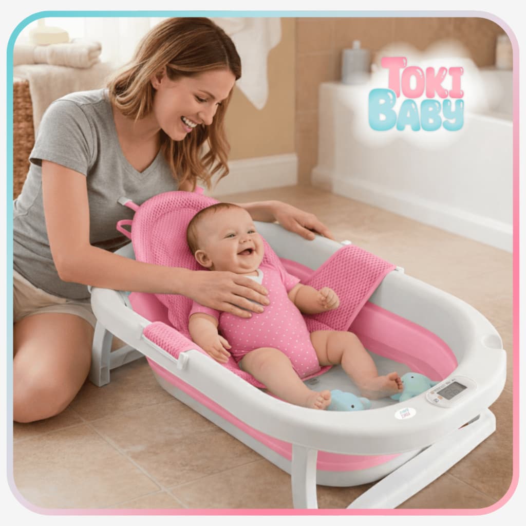 Banheira Bebê Dobrável Com Termômetro Digital Portátil e Compacta 30L + Rede de Proteção Toki Baby
