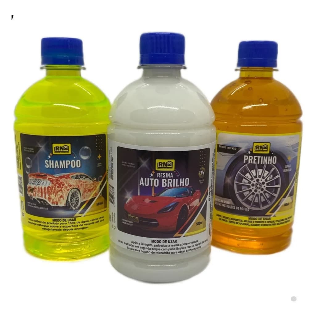 Kit Lavagem Completa Carro Moto Shampoo pH Neutro + Cera Carnaúba + Pretinho Baba Camelo 500ml