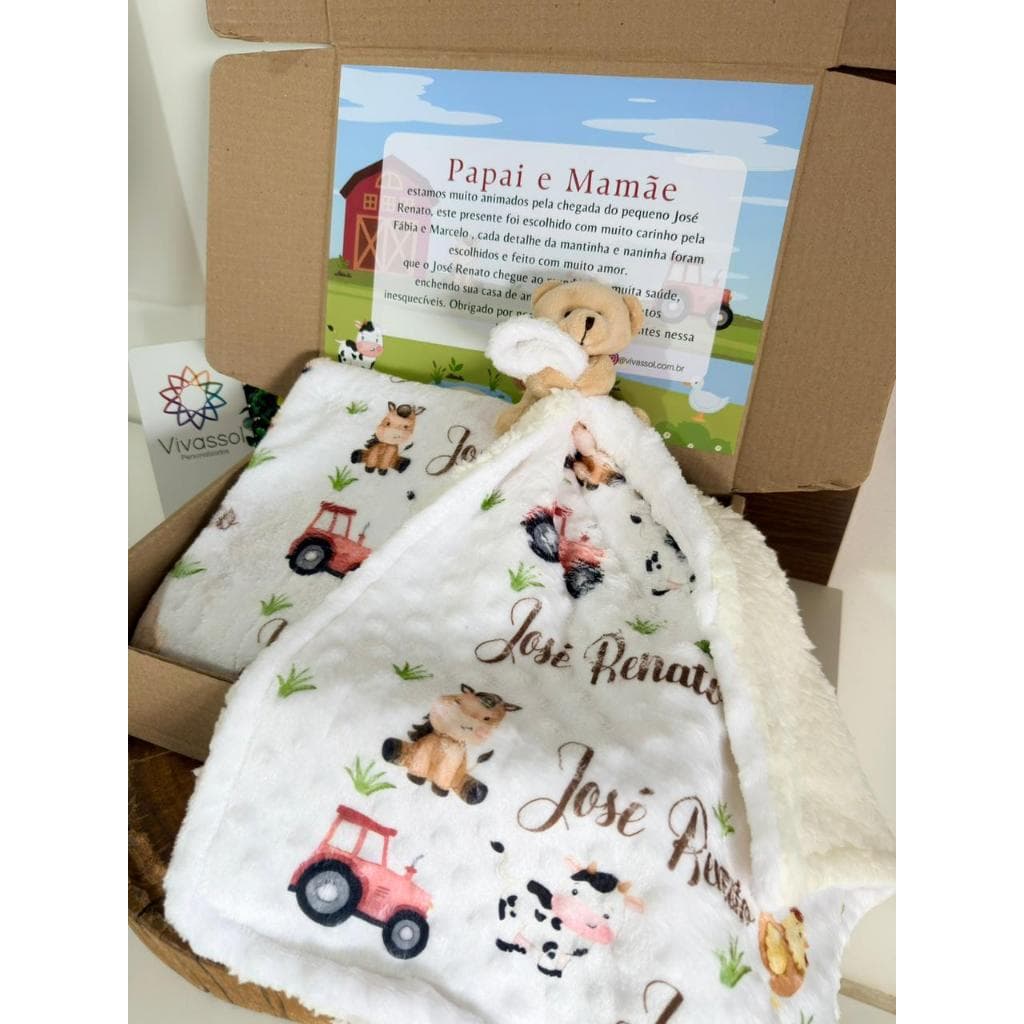 Kit Manta e Naninha Fazendinha Bebê Personalizado Enxoval Fazenda
