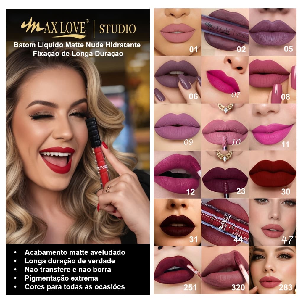 Kit 15 Cores Batom Líquido 24h Matte Escolha Nude Vermelho Rosa Marrom Vinho Marsala Terracota Malva