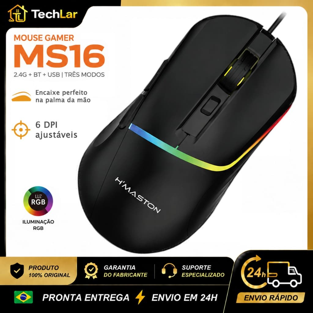 Mouse Gamer Sem Fio H’Maston MS16 RGB Ergonômico 6 Níveis DPI USB Tipo-C 2.4G Bluetooth Recarregável