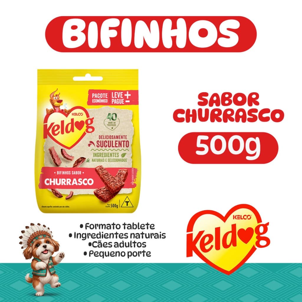 Bifinho Petisco para Cães, Sabor Churrasco, Funcional, Todas as Raças, Keldog