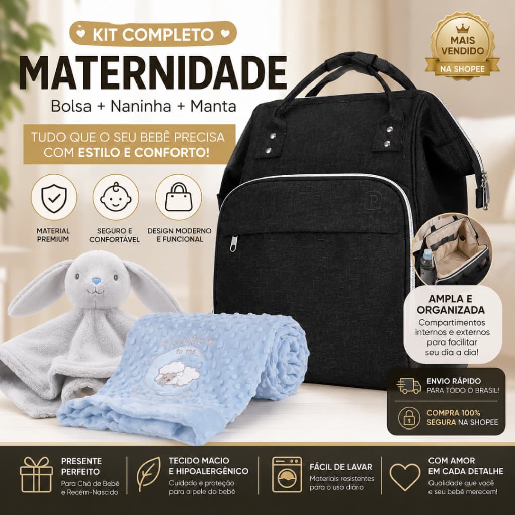 Kit Bolsa Maternidade Preto + Naninha Bebê Plush + Manta Dots Enxoval Infantil