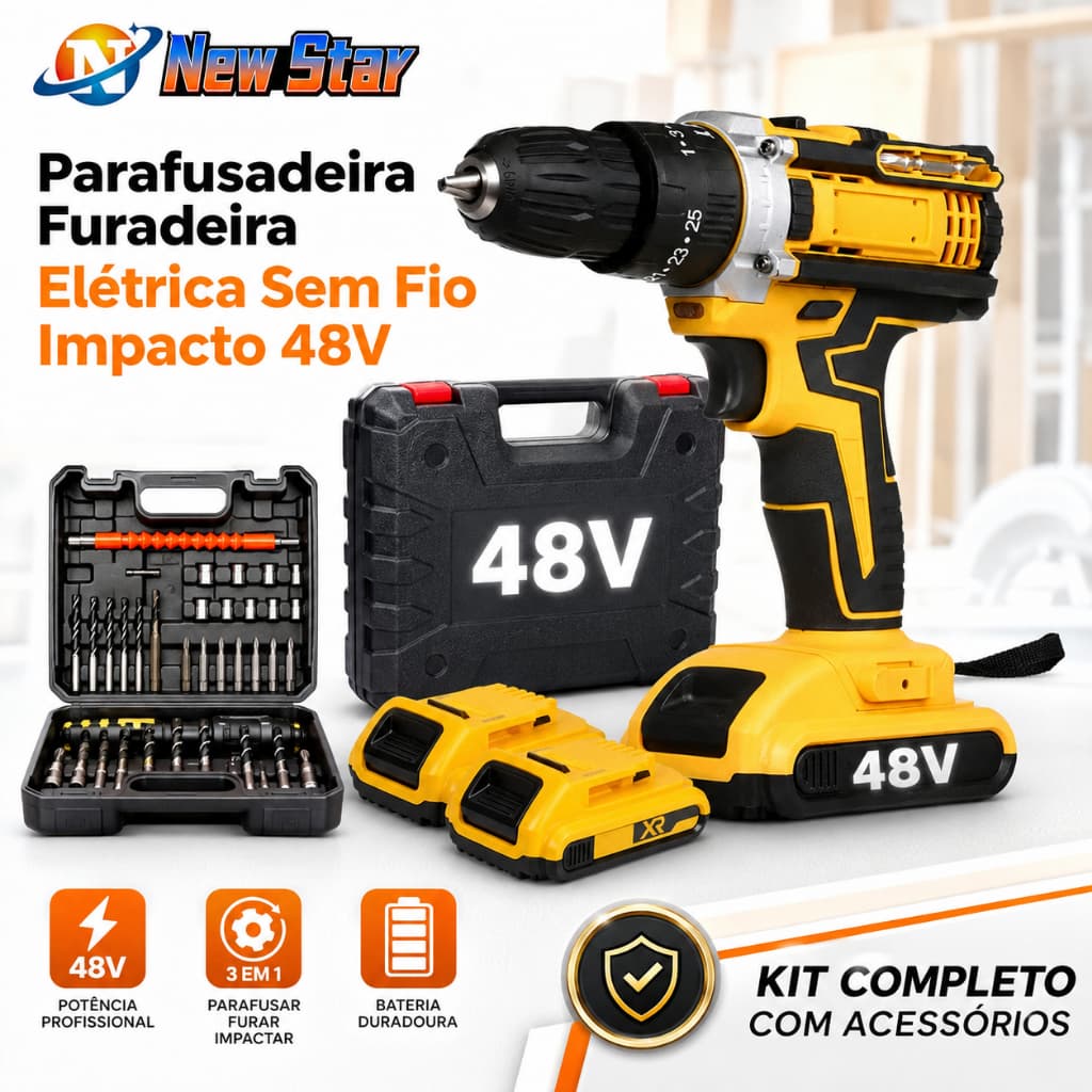 New Star Parafusadeira Furadeira 48V 2 Baterias Com Maleta e Acessórios Completo