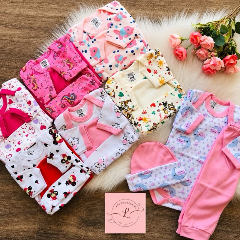 Kit 20 peças de roupa bebê menina RN P M 100% algodão premium body+mijao+touca+meia enxoval bebê menina premium