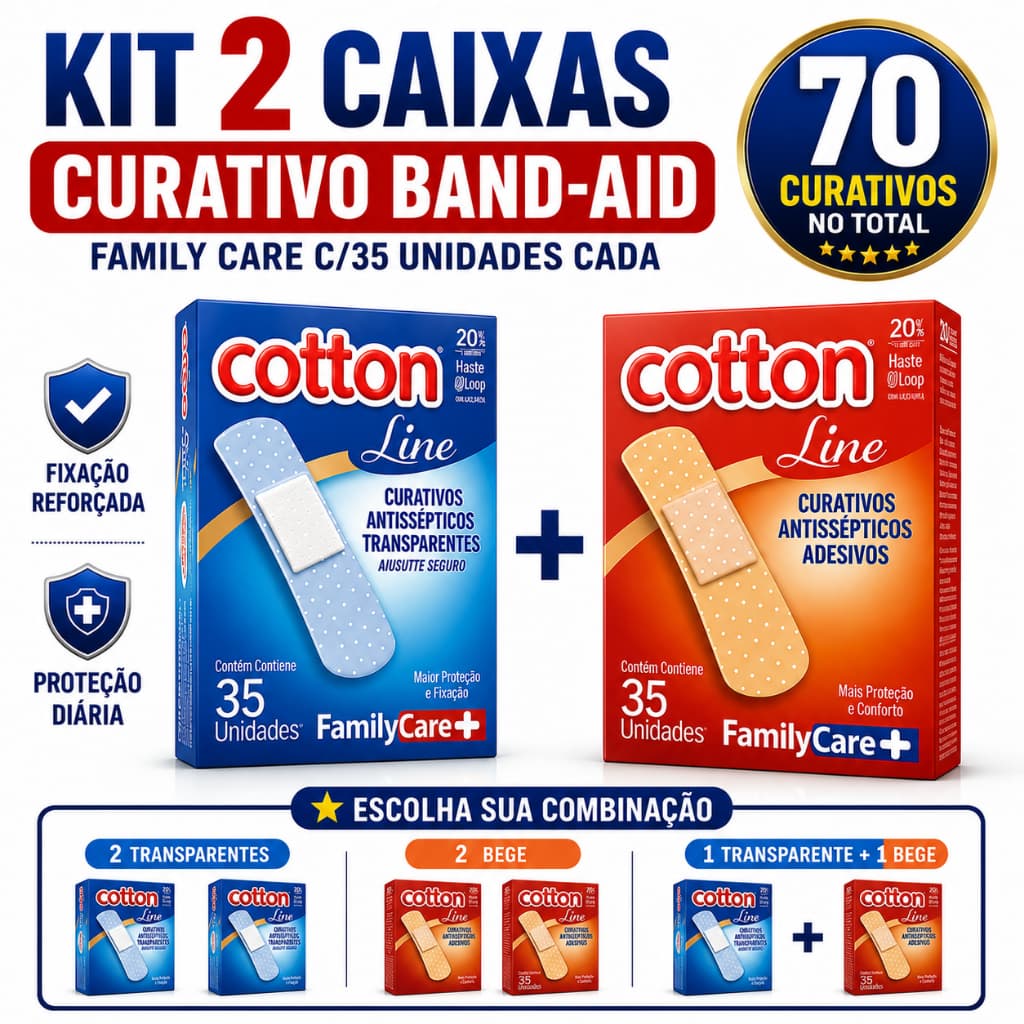 KIT 2 CAIXAS CURATIVO BAND-AID FAMILY CARE C/35 UNIDADES CADA ALTA PROTEÇÃO E FIXAÇÃO DURÁVEL
