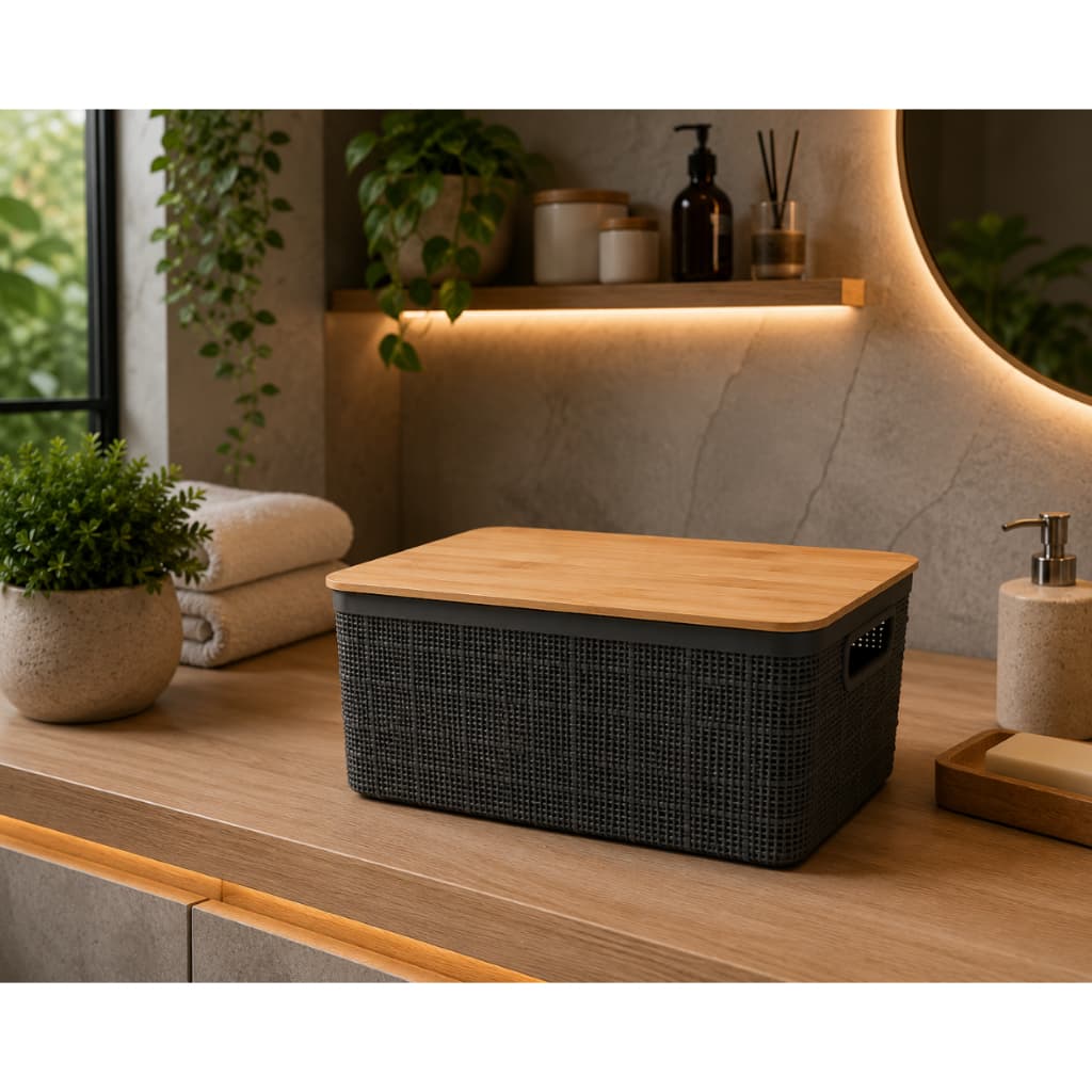 Caixa Organizadora Tampa de Bambu 4 Litros Cinza Kit Oikos Multiuso Cestos Porta Natural Banheiro Chá Divisórias Casa