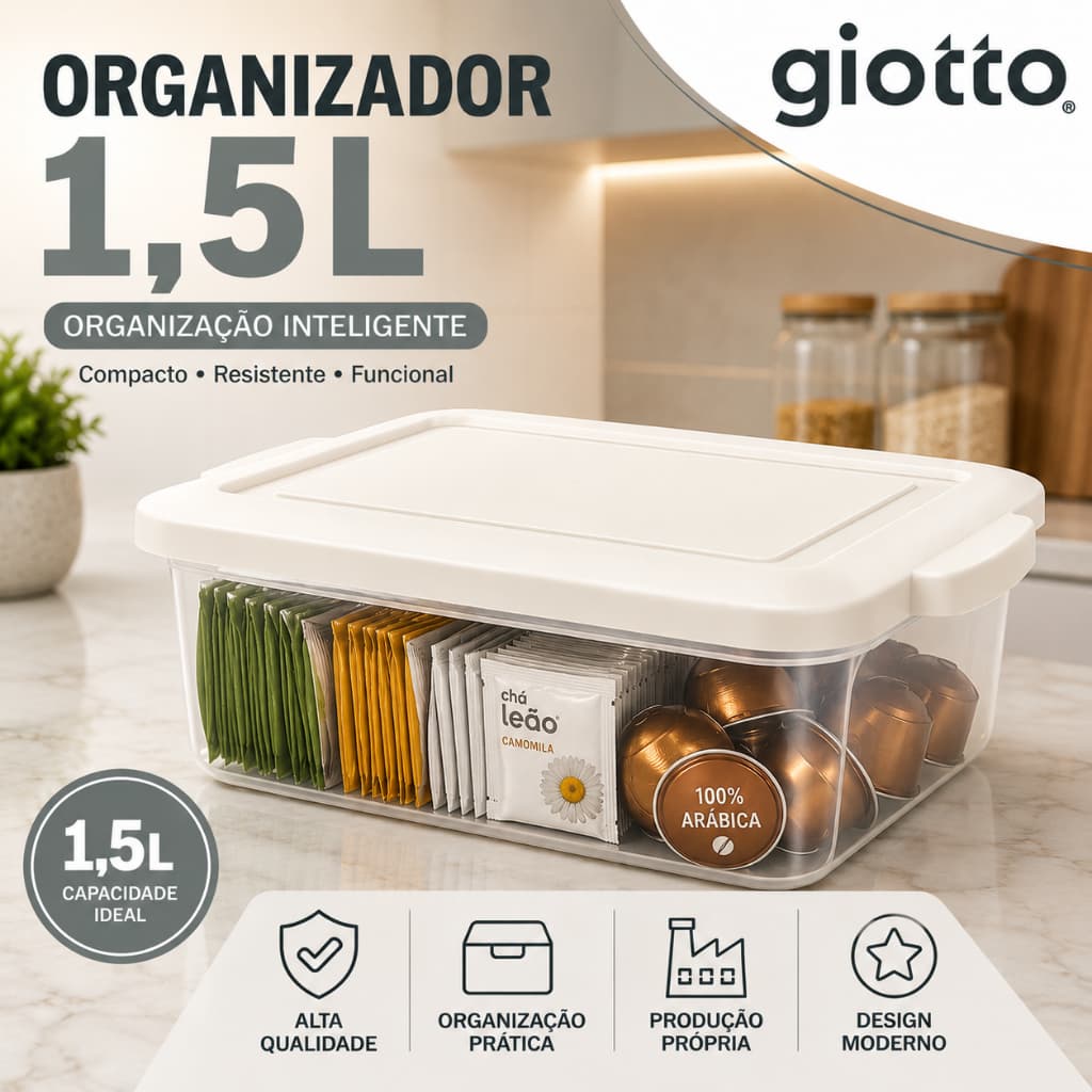 Caixa Organizadora 1,5L Branco com Tampa Organizador Armazenamento Multiuso Empilhável Giotto