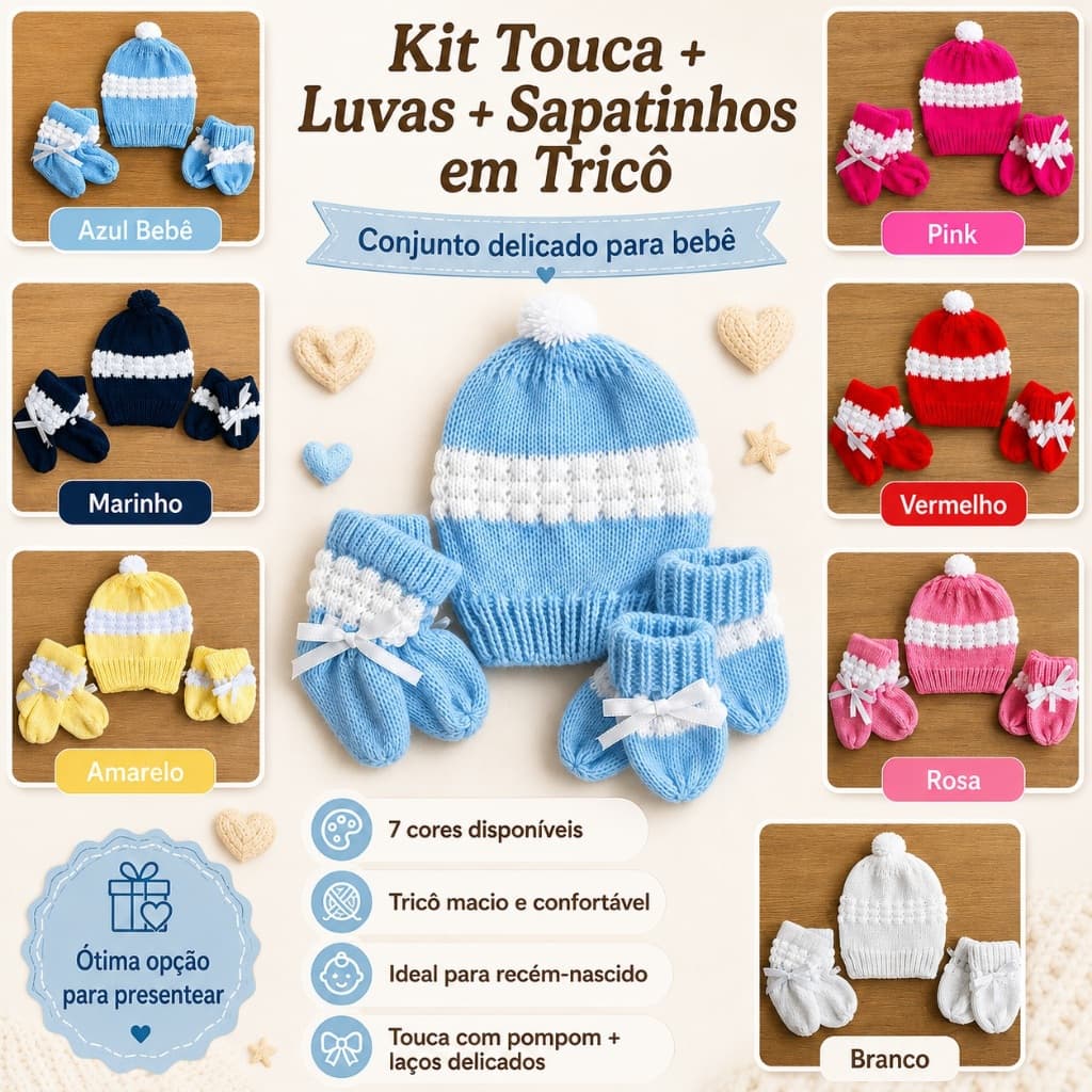 Kit Bebê Recém-Nascido Touca Luvas Sapatinhos Tricô Lã Acrílica Antialérgico Enxoval Maternidade Chá de Bebê