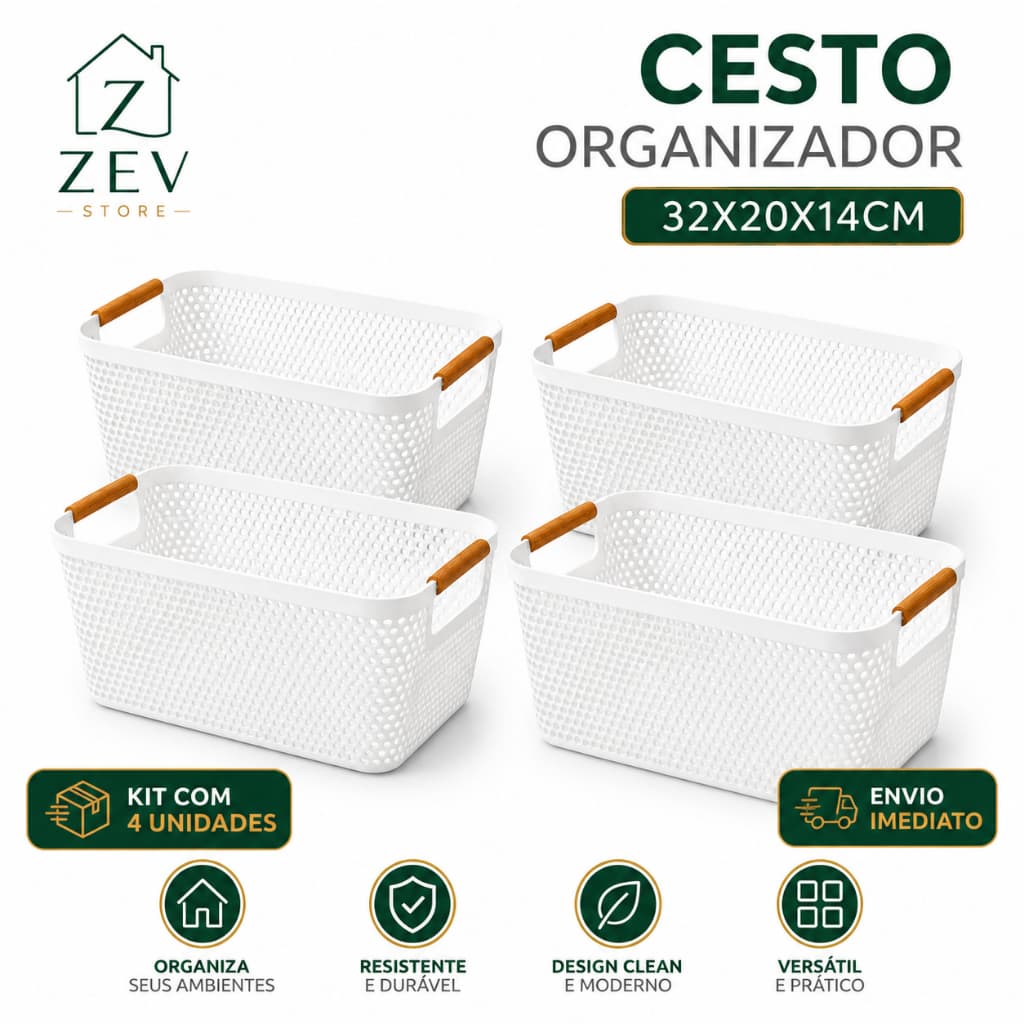 Kit Cestos Organizadores Multiuso 32x20x14cm com Alças Ideal para Armários, Cozinha, Banheiro e Lavanderia