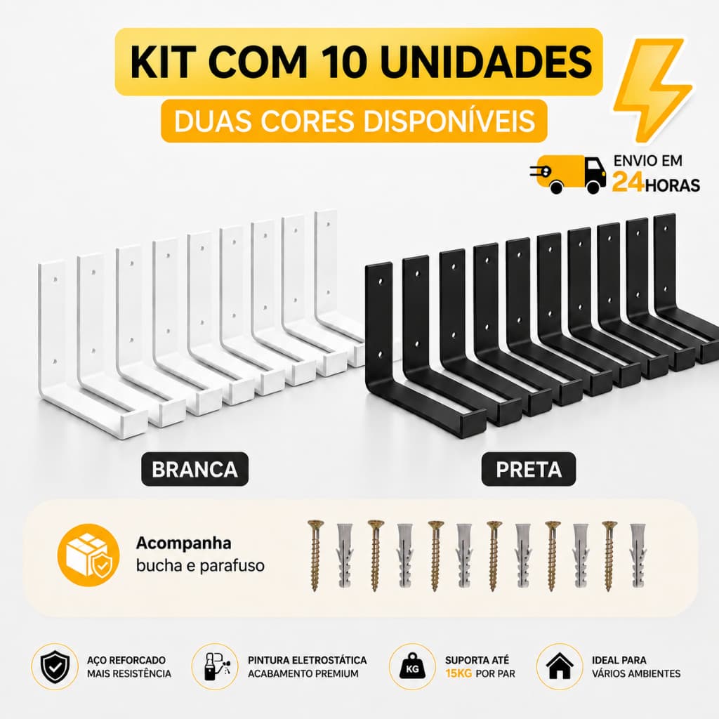 kit 10 Mão Francesa Invertida Ferro Reforçado Suporte Cantoneira Prateleira Industrial Parede Multiuso 30cm 20cm 25cm 15