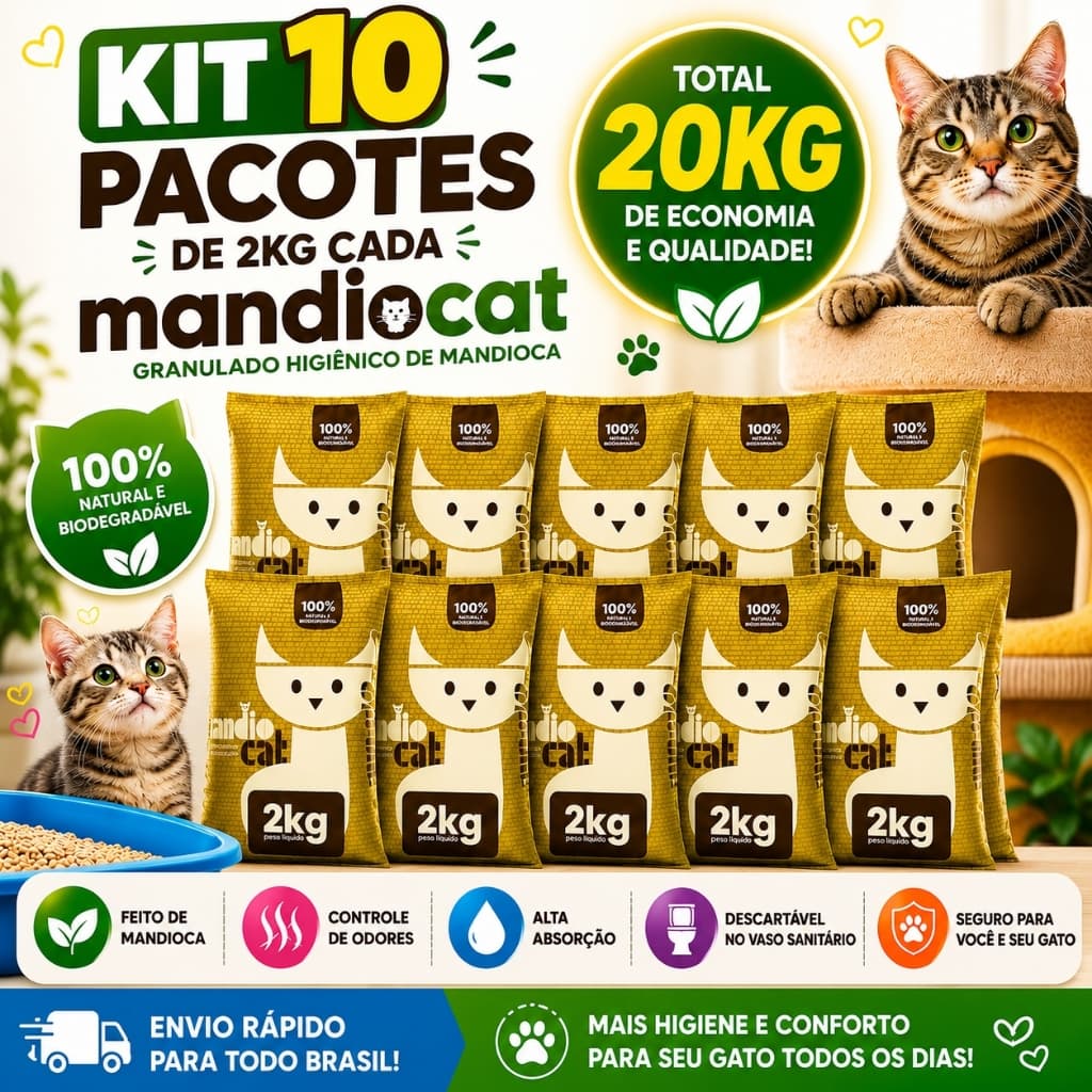 Mandiocat Kit 10 Areia Higiênica 20Kg Pet Gato Zero Odor Sanitária Biodegradável e 100% Natural - Envio Rápido