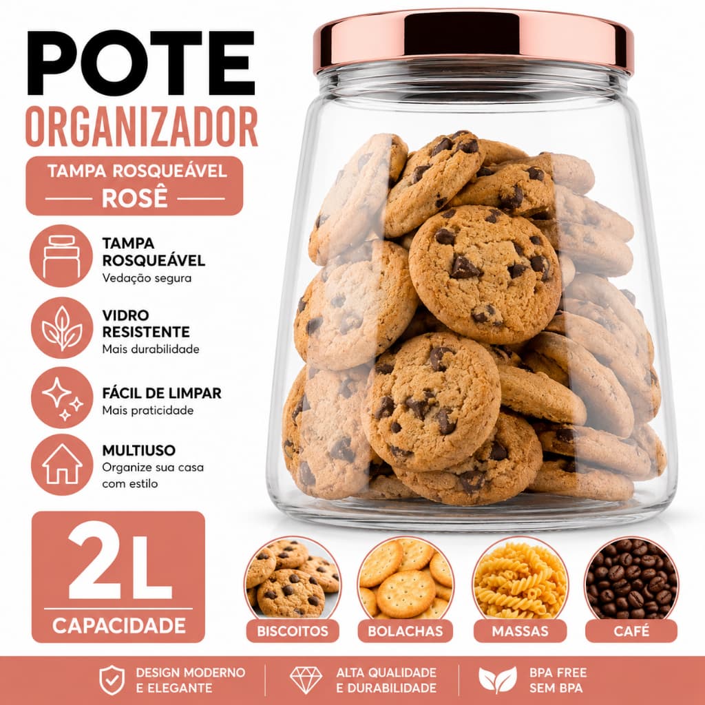 Pote Armazenador 2L Rosê Com Tampa Rosqueável Organizador Cozinha Multiuso Porta Biscoito Bolacha