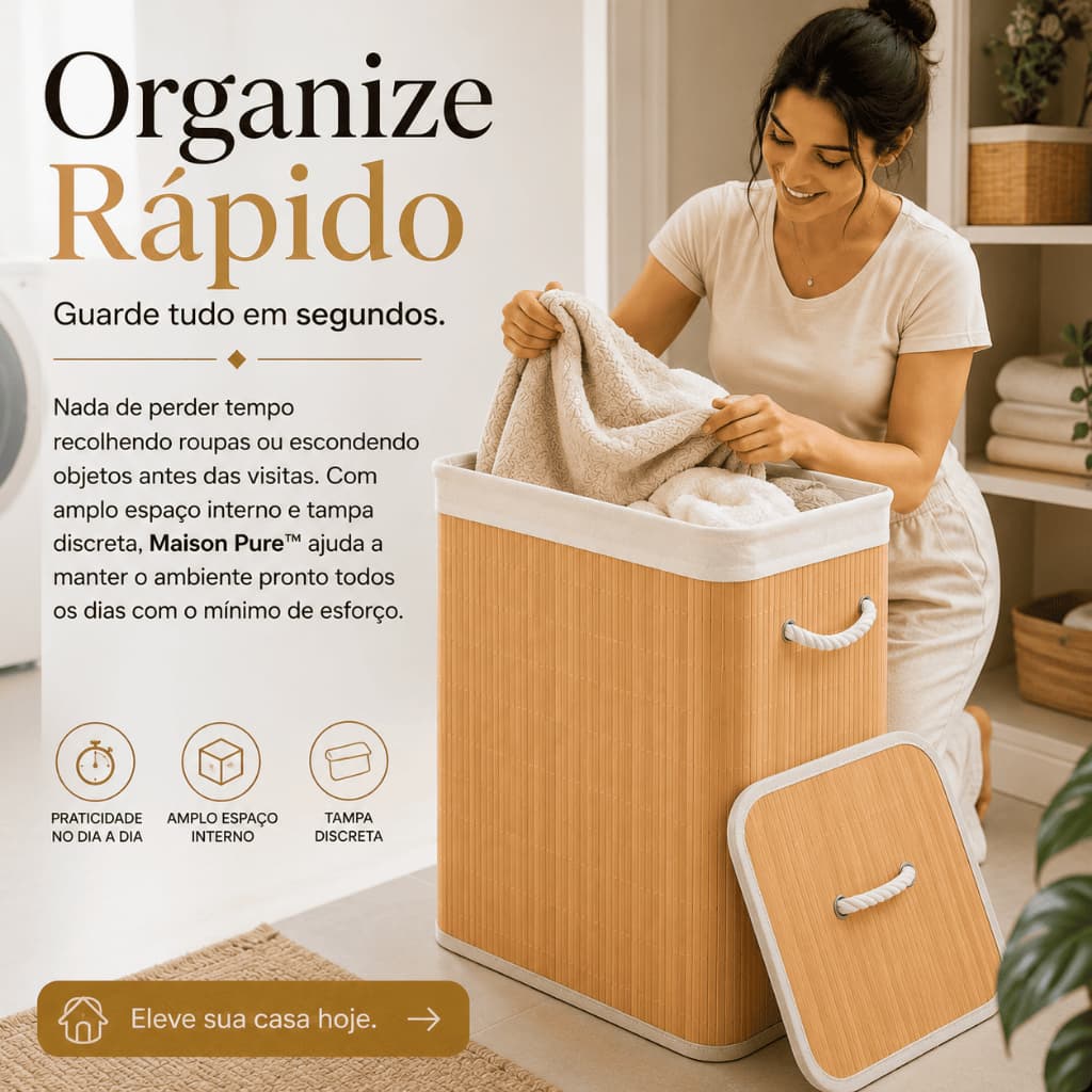 Cesto Organizador de Bambu 70L com Tampa Maison Pure™ | Cesto para Roupas Lavanderia Banheiro Closet