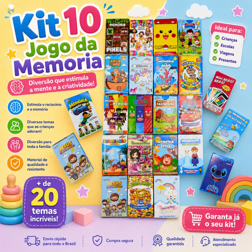 Kit 10 Jogo da Memoria Infantil p/ Kit Festa Lembrancinha Prenda Brinquedo Educativo Didatico