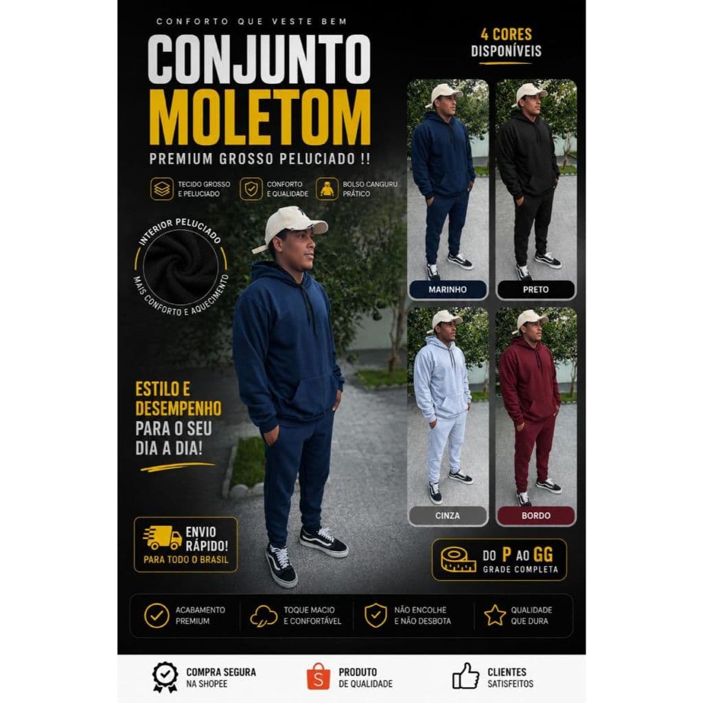 Conjunto Moletom Masculino Estiloso Casaco Masculino Canguru Blusa de Frio Masculina Moletom P ao G3