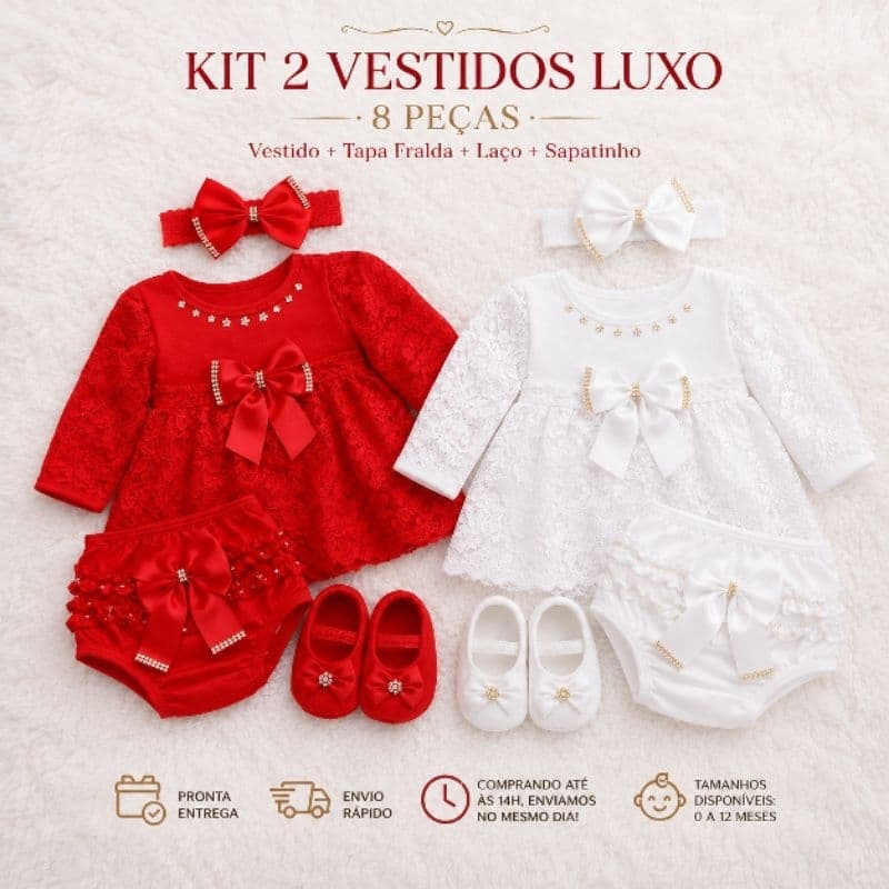 2 Kit Vestido+ Sapatinho meia+ Laço e calcinha tapa fralda Bebê Menina Manga Curta 8 Peças Confortável e Delicado