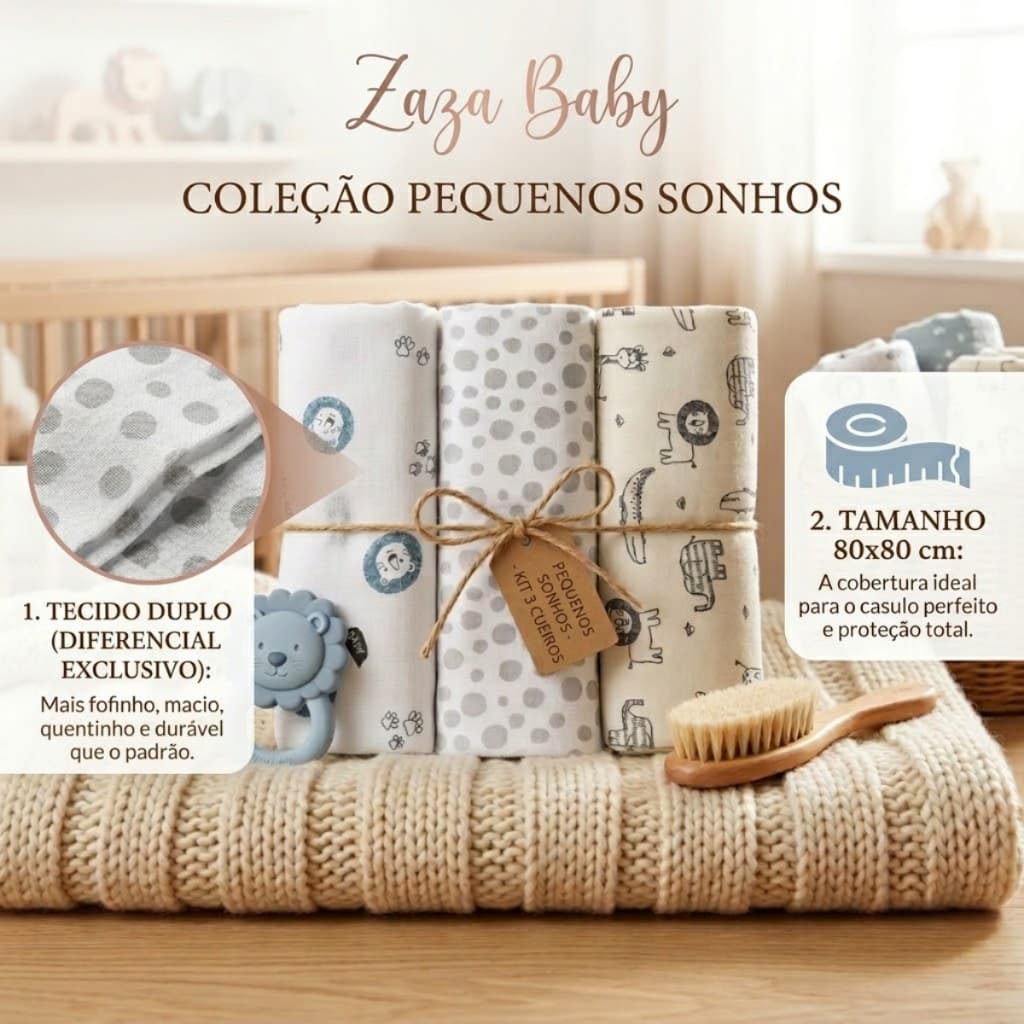 Kit 3 Cueiro Bebê Algodão Duplo 80x80 Enxoval Maternidade Manta Recém Nascido Soft Reforçado