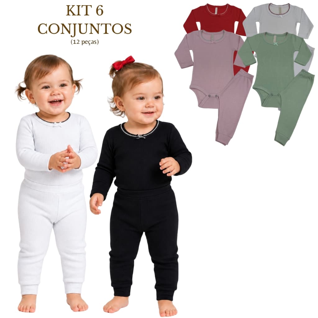 Kit 6 Conjuntos 12 Peças Body Bebê Manga Longa Calça Punho Ribana Canelada Inverno Enxoval