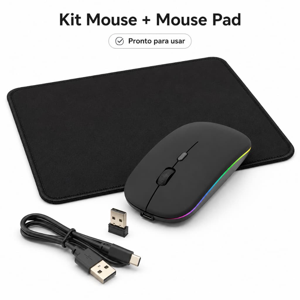 Kit Mouse Sem Fio Recarregável Bluetooth 2.4GHz LED RGB + Mouse Pad