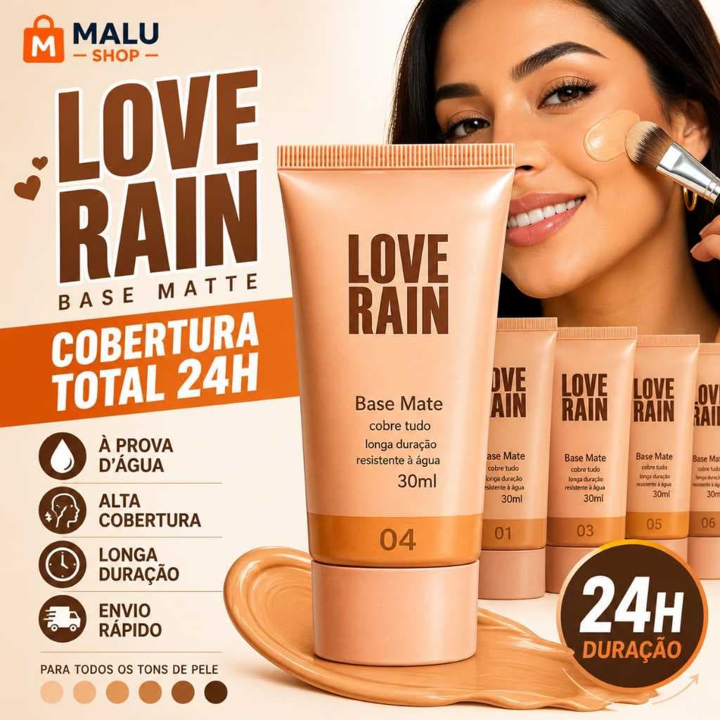 Base Líquida Matte Love Rain Cobertura Total 24hrs Longa Duração Prova D'Água Efeito Natural Original