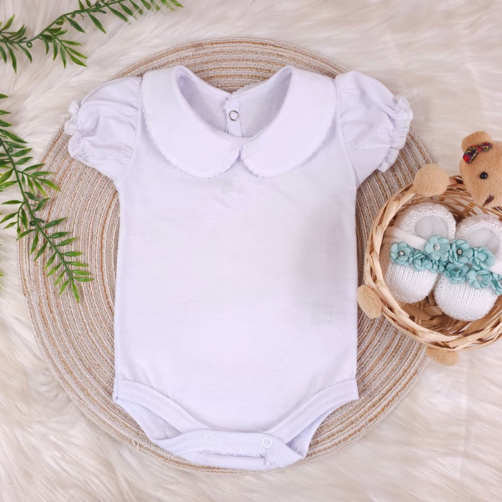Body Bebê Menina Branco Gola Picueta 100% Algodão Manga Curta ou Longa RN ao G