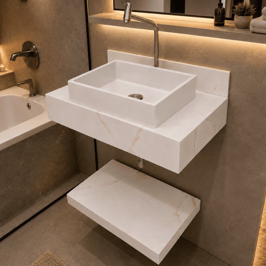 Kit Completo Bancada com Cuba Sobreposta e Prateleira em Porcelanato Polido Gran Ducall