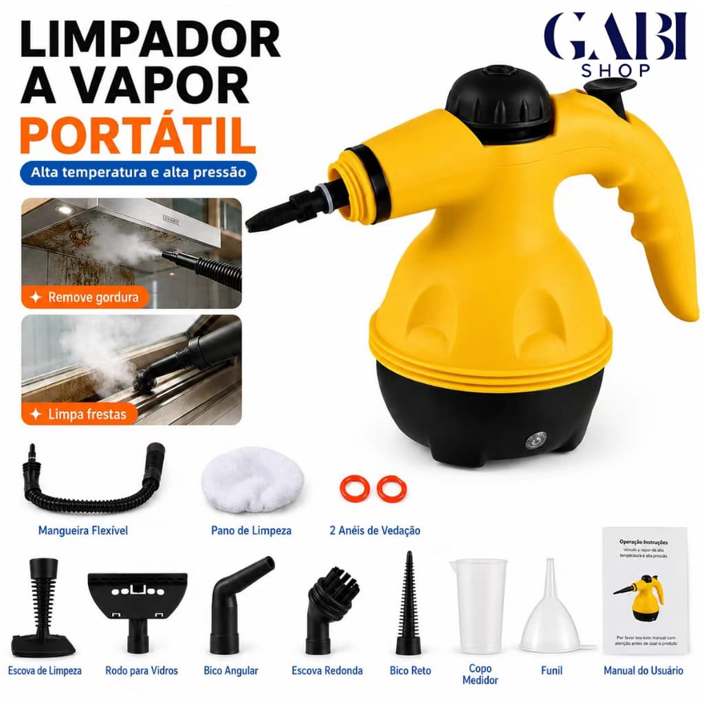 Limpador Portátil Vapor Seco 1100W Alta Temperatura Sanitizando | Máquina de Limpeza 110V com Escova GABISHOP