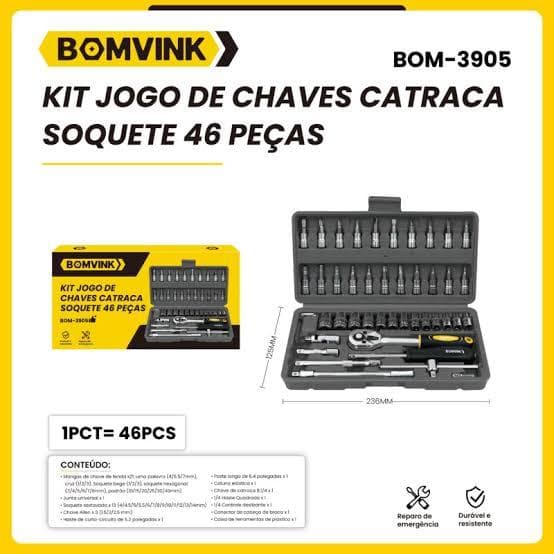 Kit Jogo De Ferramentas 46 Peças Jogo De Soquetes Chave Catraca Reversível Com Maleta PRETO