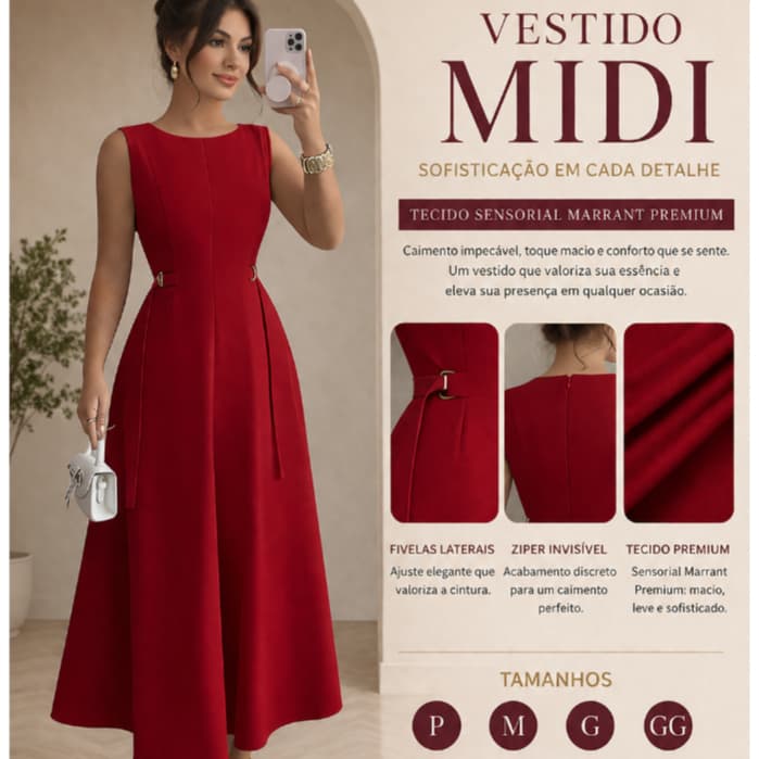 Vestido Feminino Midi Tecido Sensorial Marrant Premium  Zíper Invisível nas Costas Tamanho M , G ,GG