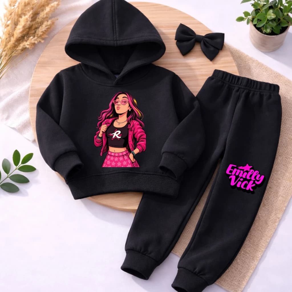 Conjunto Moletom Canguru Infantil Feminino Emily Vick Estampa Fashion Blogueirinha 100% Algodão Dia a Dia Grupo Rosas