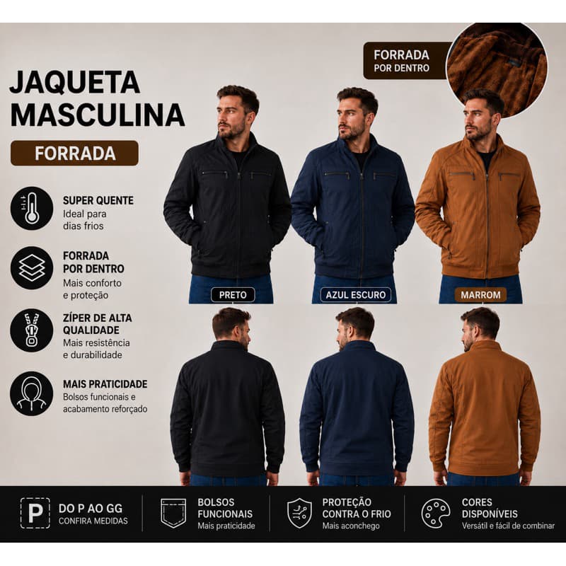Jaqueta masculina forrada casaco com bolsos slim fit
