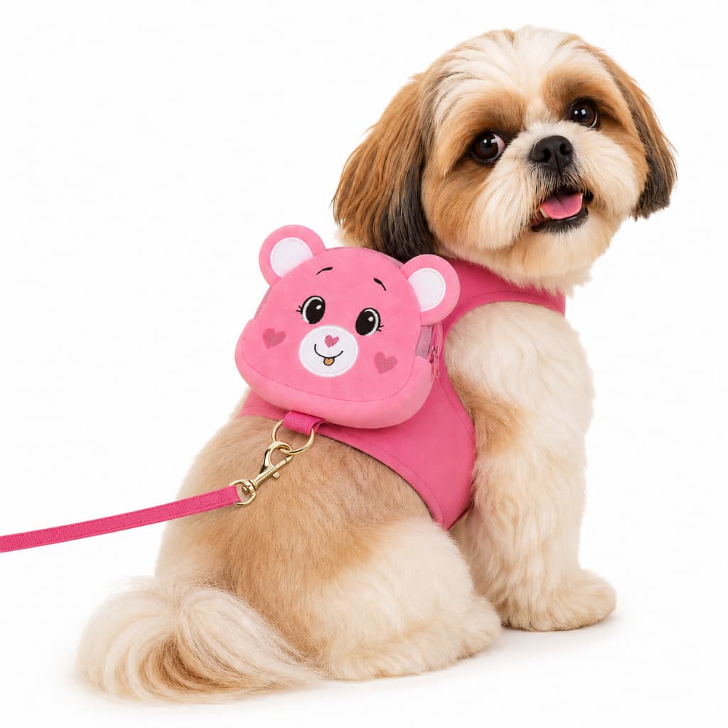 Peitoral para Cachorro Pequeno com Guia Mochila Ursinho Rosa Ajustável