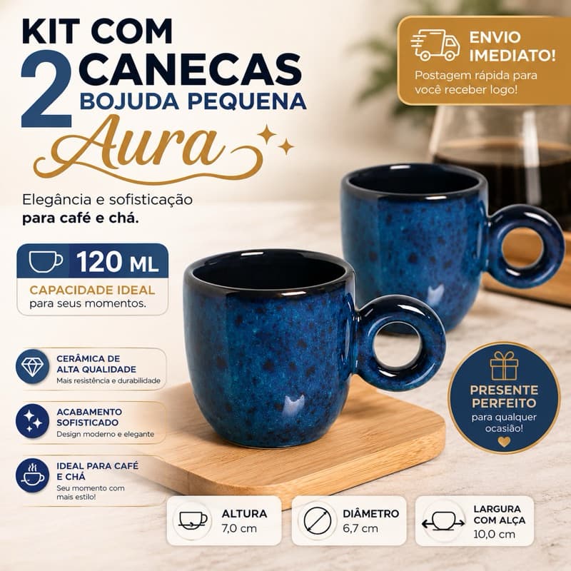 Kit com 2 Xicaras Canecas Bojuda Small Azul Linha Aura 120ml Luxo Cerâmica Original Organica