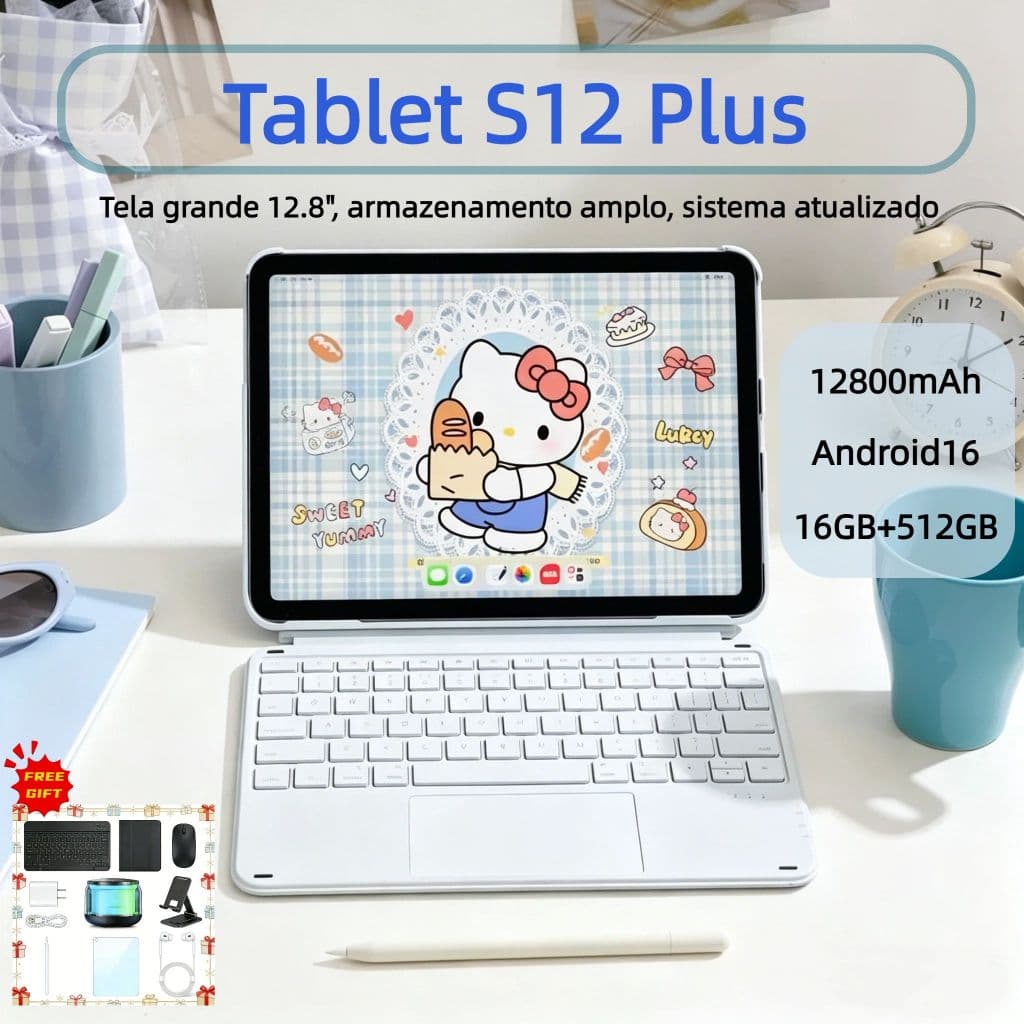 [mouse e teclado+Capa] S12 Plus Tab Pad Memoria 16GB+512GB 12.8 PolegadasTela Grande Android Dual SIM