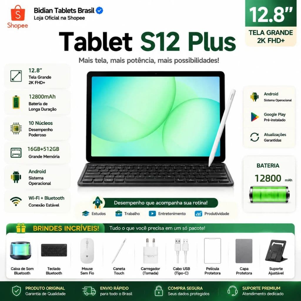 【Teclado e mouse gratuitos】Tablet S12 Plus 12.8 polegadas HD Android 16 RAM +512GB 12GB coFunda Cor CinzaEscuro 12800mA