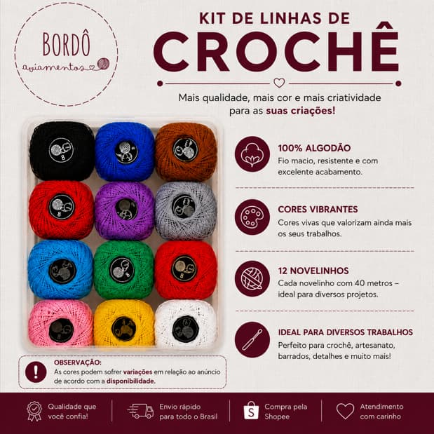 Kit 12 Linhas Crochê 100% Algodão Cores Sortidas Linha Fina Para Amigurumi Bordado e Artesanato