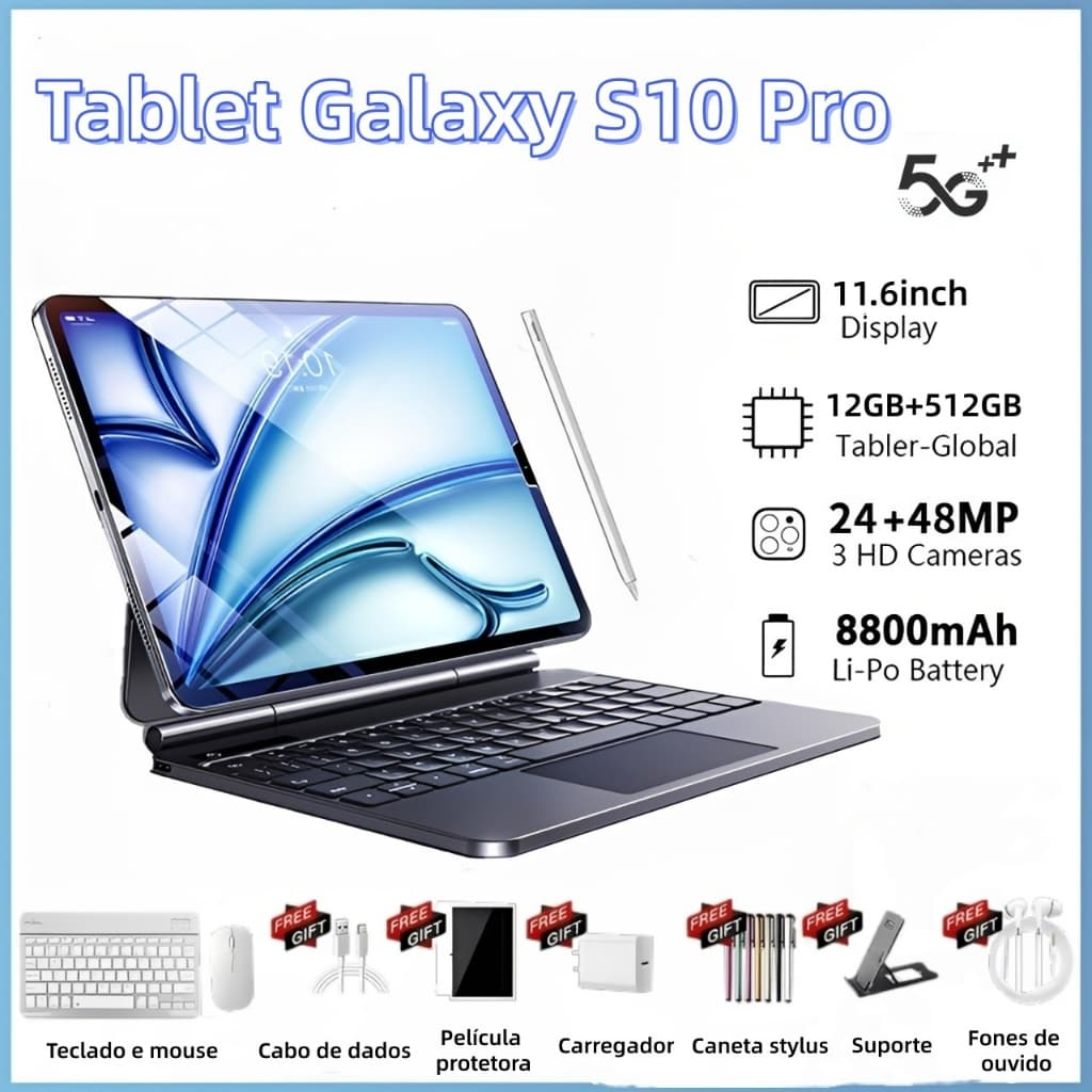 【Teclado e mouse gratuitos】Tablet  Galaxy S10 Pro Android 5G de 11,6 polegadas com 12GB + 512 GB, 8800 mAh wifi