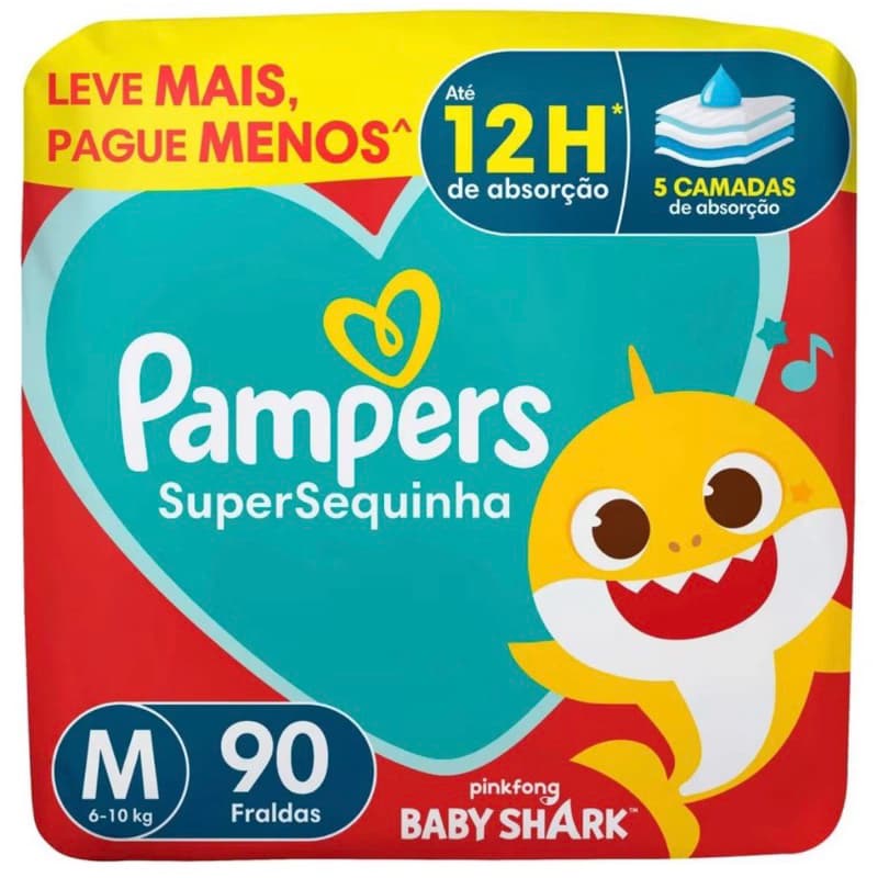 Fraldas Pampers SuperSequinha M - Absorção Prolongada e Conforto Anatômico, 90 Unidades