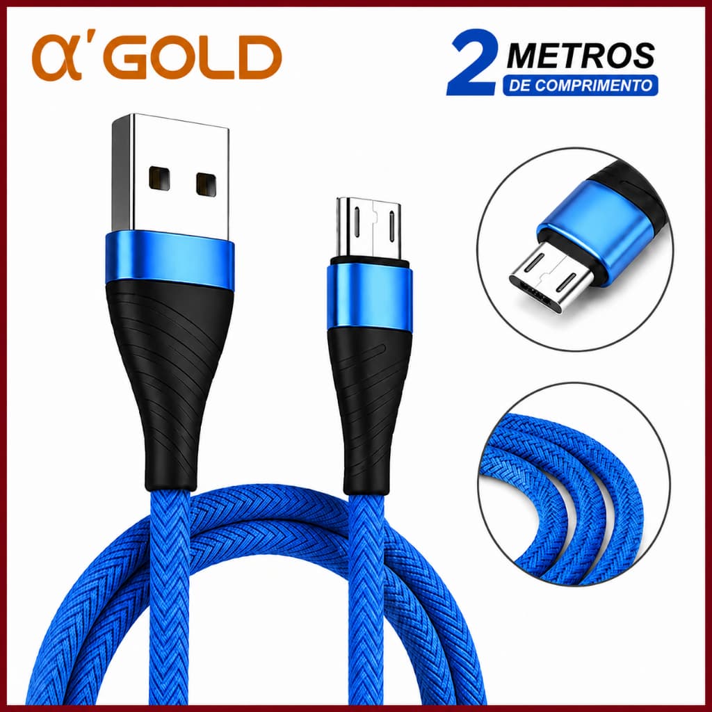 Cabo Carregador V8 Carga Rápida 2 Metros Android Reforçado Micro USB Original A'Gold