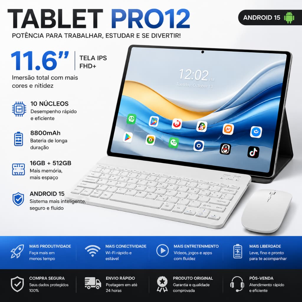 【Teclado e rato grátis】Pro12 Tablet 11,6 polegadas HD 16GB + 512GB Android 5G, Wi-Fi, Bluetooth 8800mAh