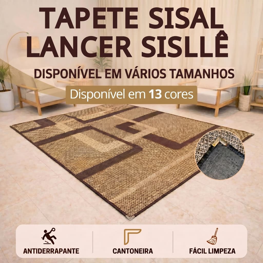 Tapete Sala Sisal Vários Tamanhos Lancer Sisllê Antiderrapante Cantoneira Aço Cromado Escritório