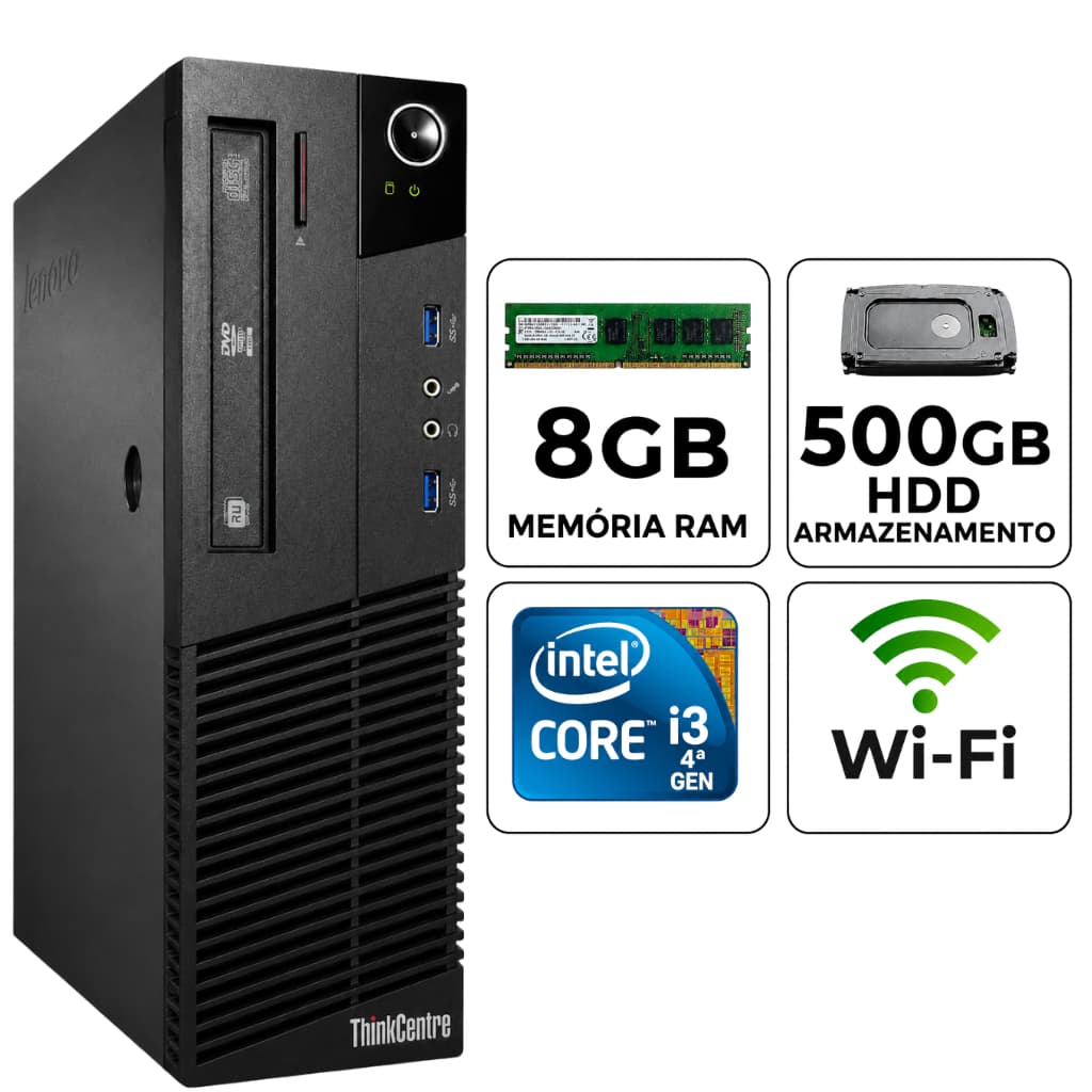 Computador Lenovo Core i3 4ªgr 8gb DDR3 500gb HD Wifi NF Trabalho Estudo Cpu Torre Promoção