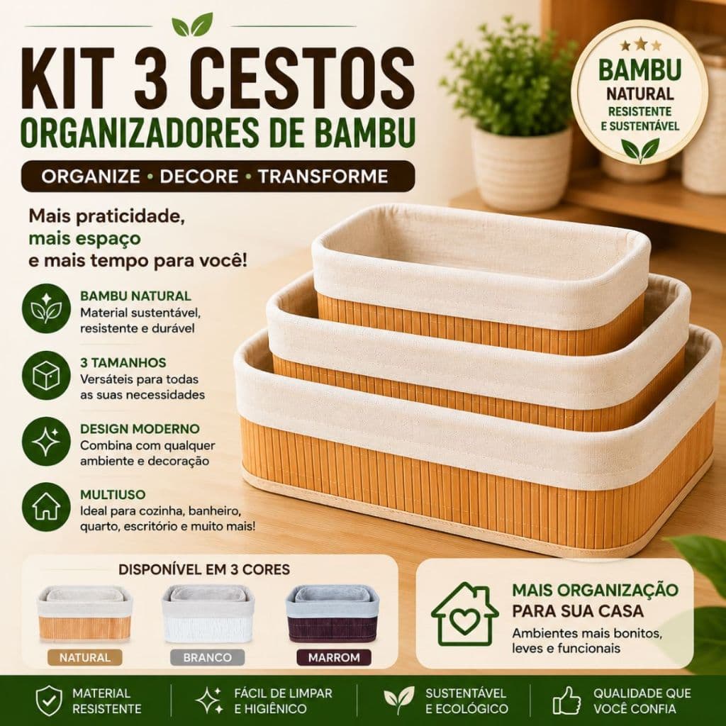 Kit 3 Cestos Organizadores de Bambu Multiuso Cozinha Banheiro Quarto Decorativo